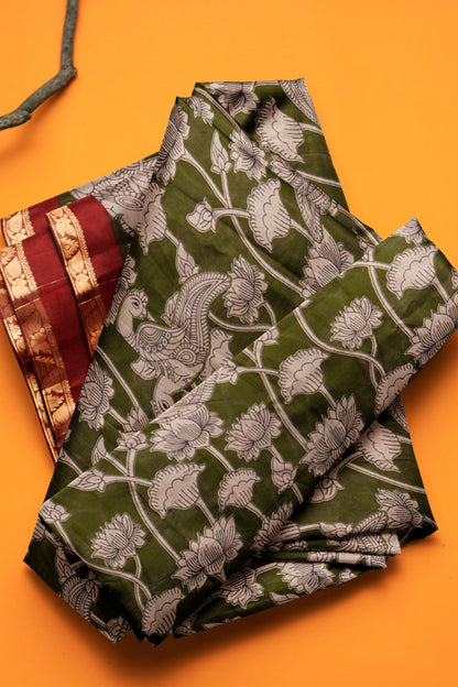 Olive Green Lotus Printed Cotton Zari Border Saree