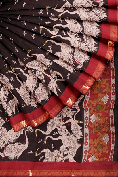Black Flamingo Printed Cotton Zari Border Saree