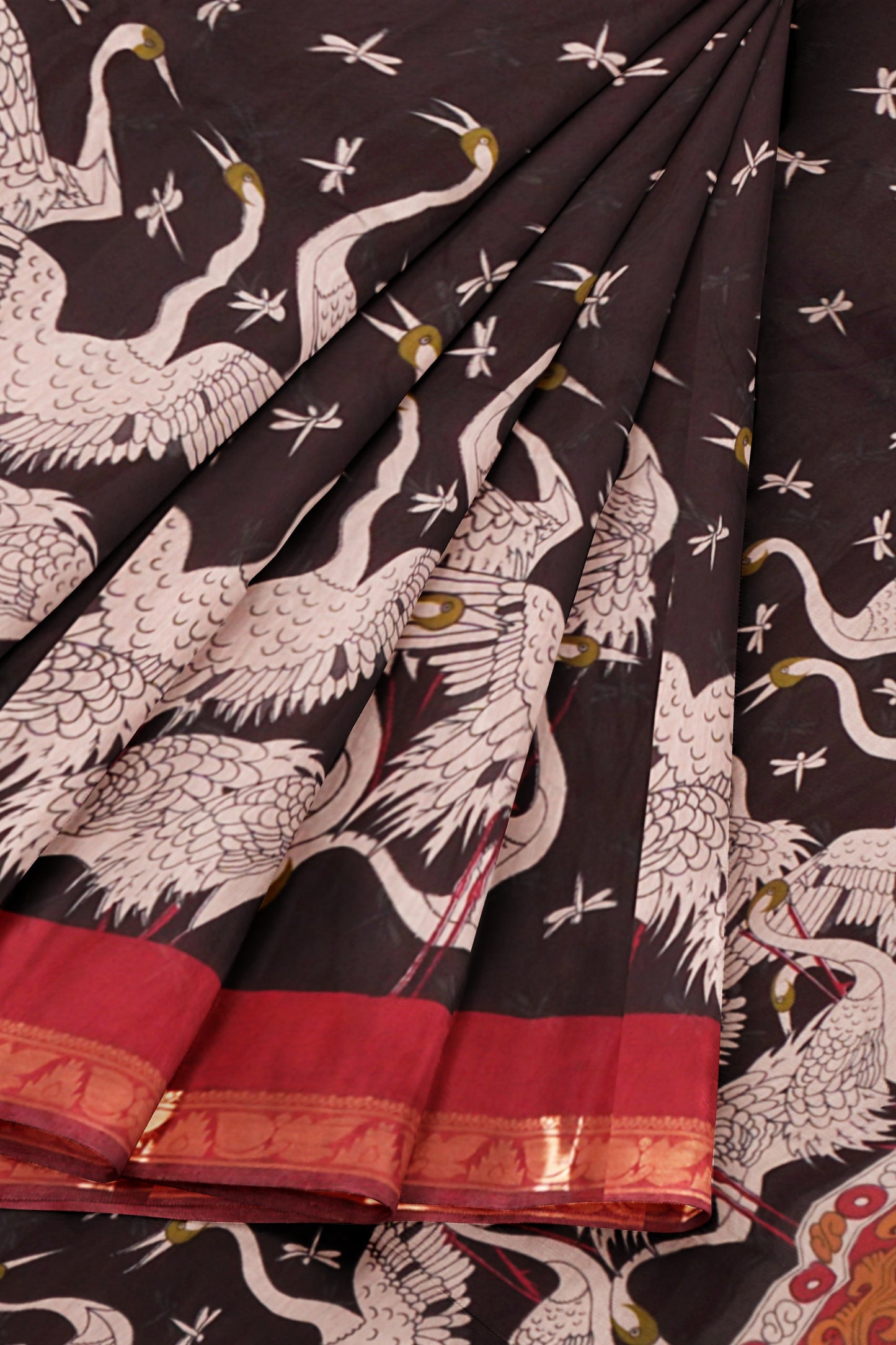 Black Flamingo Printed Cotton Zari Border Saree