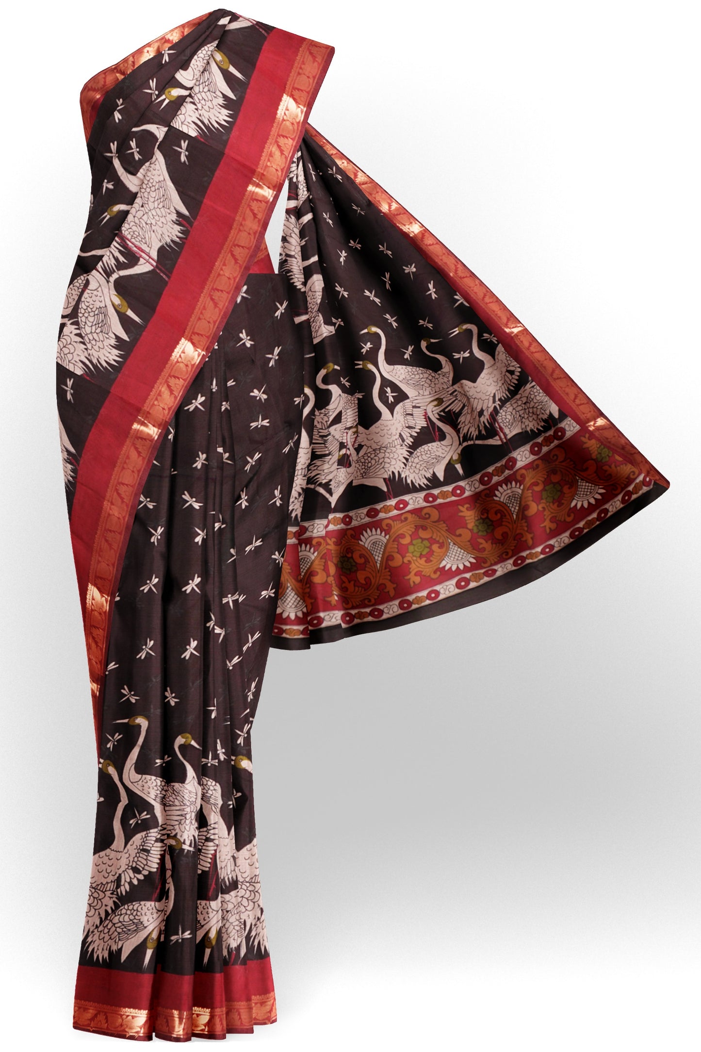 Black Flamingo Printed Cotton Zari Border Saree