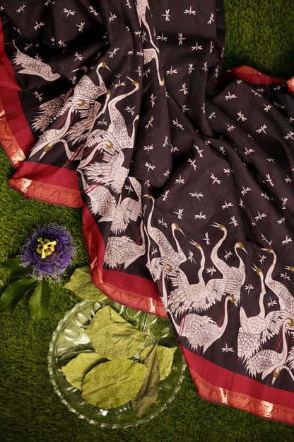 Black Flamingo Printed Cotton Zari Border Saree