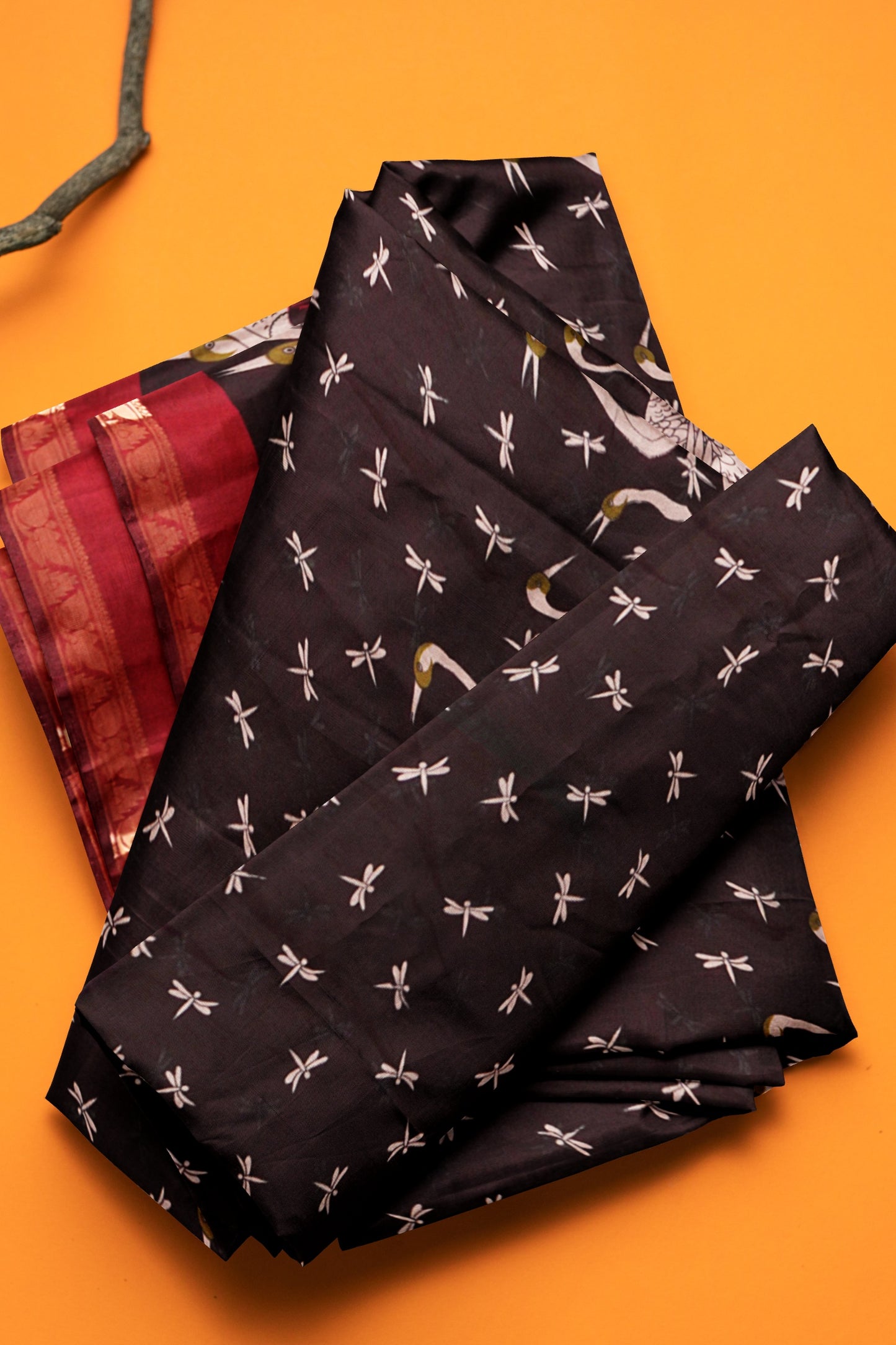 Black Flamingo Printed Cotton Zari Border Saree