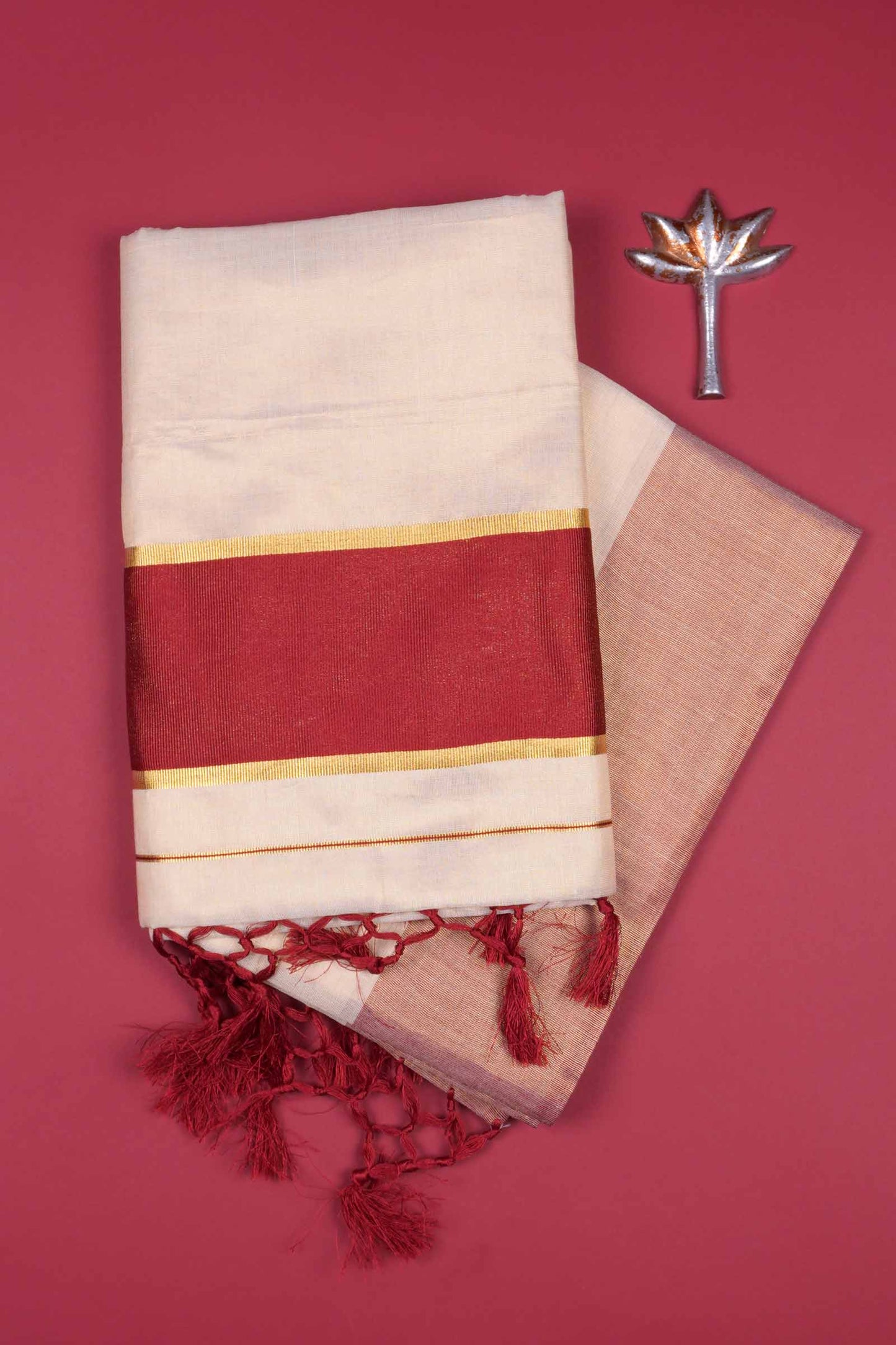 Off White With Maroon Kerala Tissue Cotton Golden Zari Line Saree