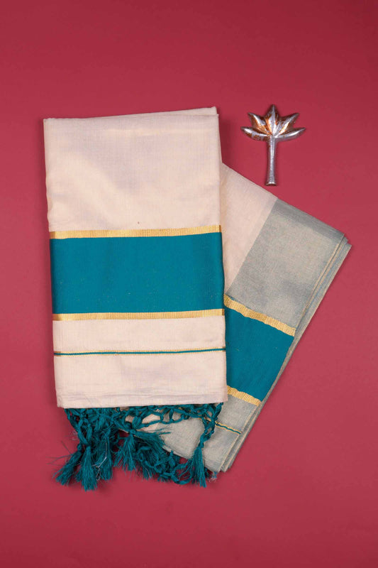 Off White With Peacock Blue Kerala Tissue Cotton Golden Zari Line Saree