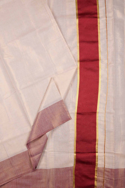 Off White With Maroon Kerala Tissue Cotton Golden Zari Line Saree