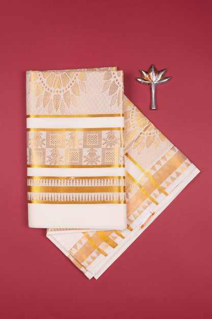 Off White With Golden Kerala Cotton Paisely Butta Rich Pallu Saree  NAA110