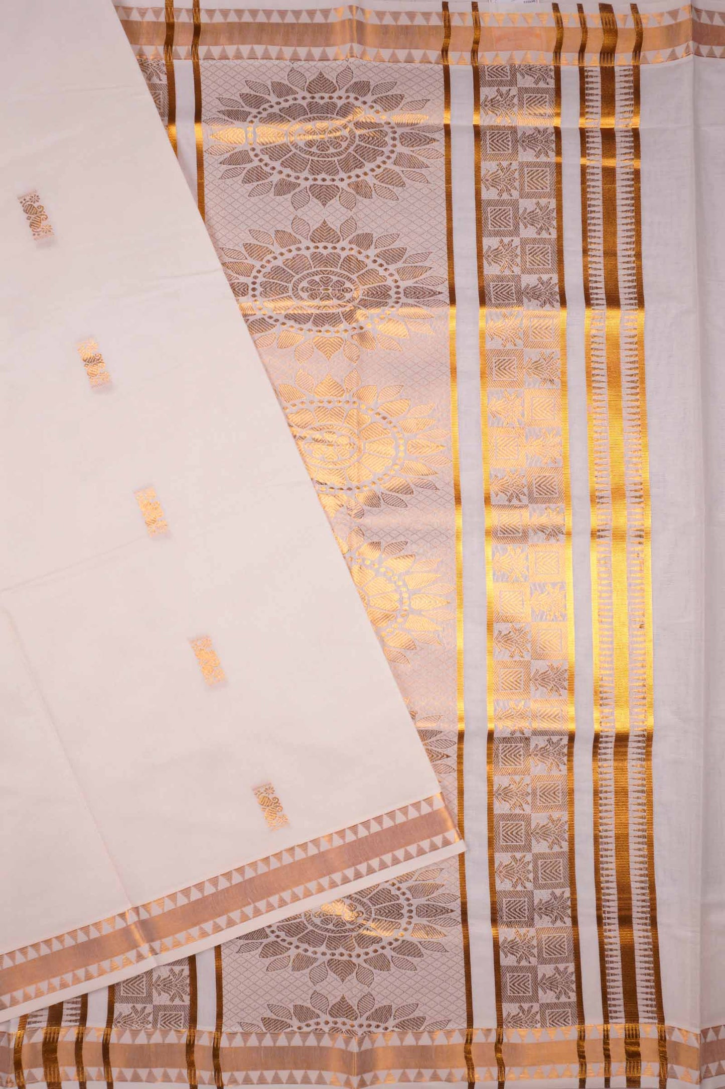 Off White With Golden Kerala Cotton Paisely Butta Rich Pallu Saree  NAA110