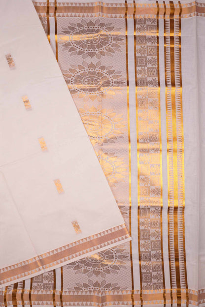 Off White With Golden Kerala Cotton Paisely Butta Rich Pallu Saree  NAA110