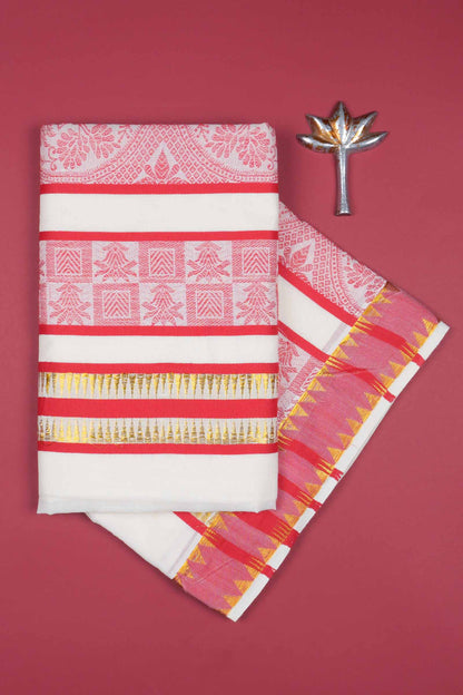 Off White Kerala Cotton Red Butta Rich Pallu Saree NAA109