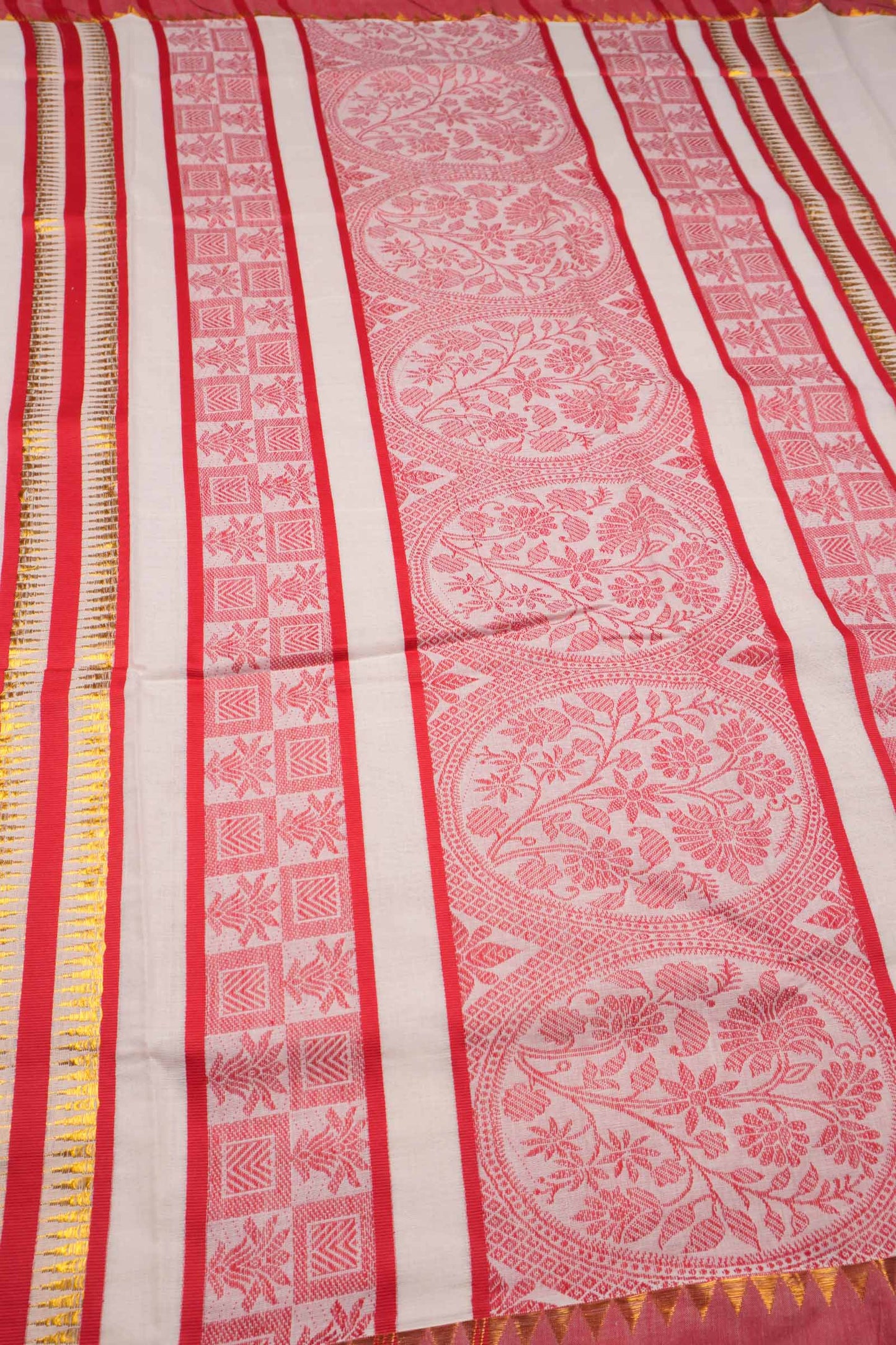 Off White Kerala Cotton Red Butta Rich Pallu Saree NAA109