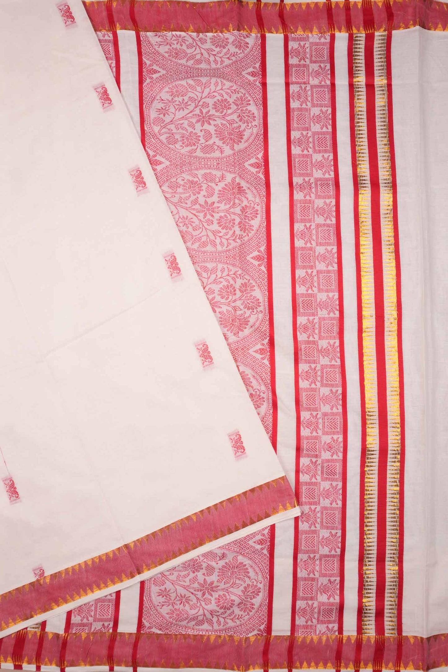Off White Kerala Cotton Red Butta Rich Pallu Saree NAA109