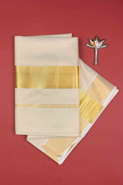 Off White Kerala Tissue Cotton PaiselyTower Butta Golden Zari Line Saree
