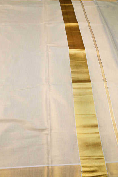 Off White Kerala Tissue Cotton PaiselyTower Butta Golden Zari Line Saree