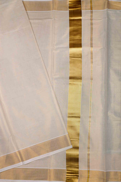 Off White Kerala Tissue Cotton PaiselyTower Butta Golden Zari Line Saree