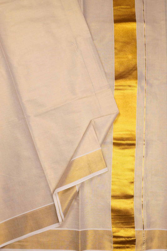 Off White Kerala Tissue Minimalistic Plain Body Golden Zari Border Saree