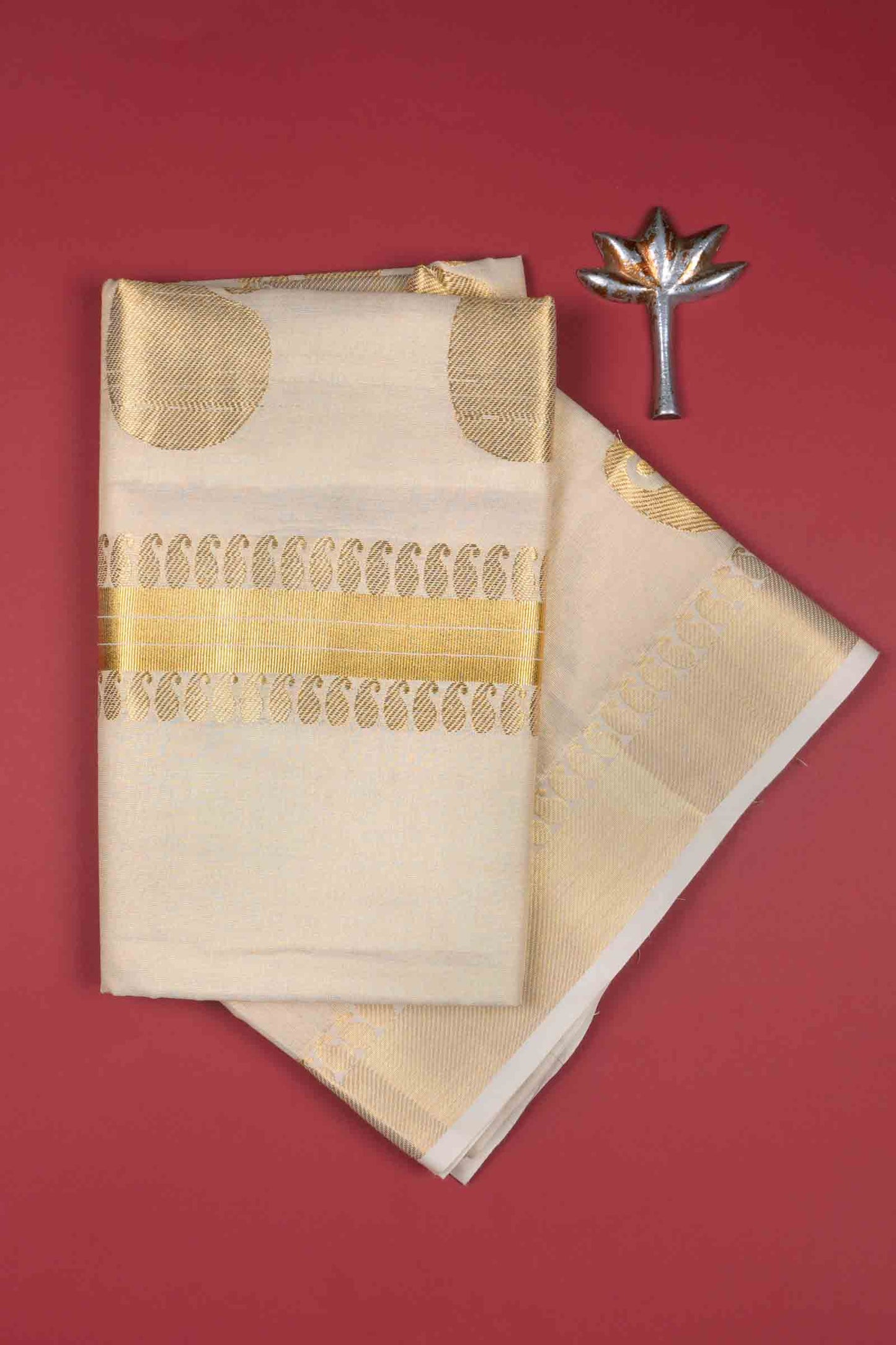 Off White Kerala Tissue Cotton Mango Butta Golden Zari Line Saree