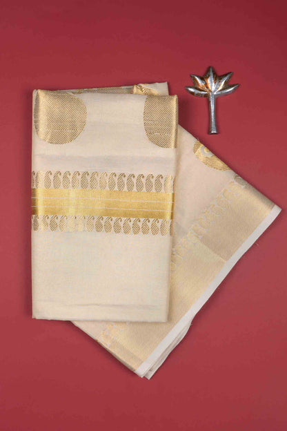 Off White Kerala Tissue Cotton Mango Butta Golden Zari Line Saree