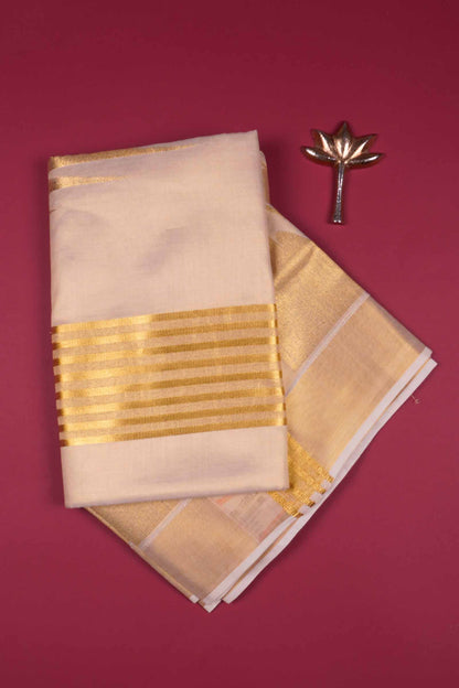 Off White Kerala Tissue Cotton Golden Temple Border Saree