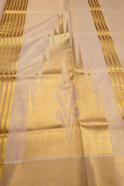 Off White Kerala Tissue Cotton Golden Temple Border Saree