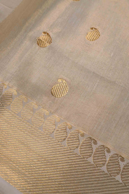 Off White Kerala Tissue Cotton Mango Butta Golden Zari Line Saree