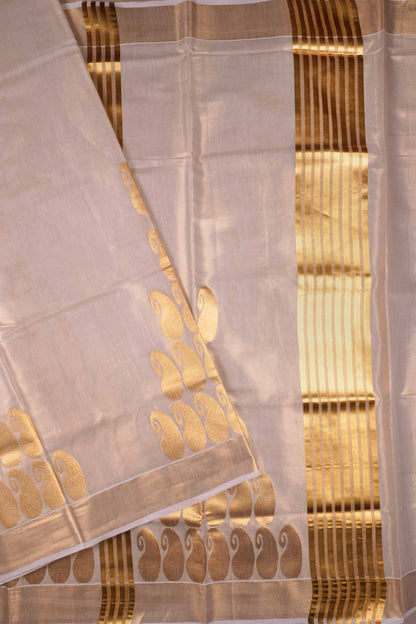 Off White Kerala Tissue Cotton Paisley Tower Butta Saree