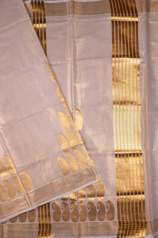 Off White Kerala Tissue Cotton Paisley Tower Butta Saree