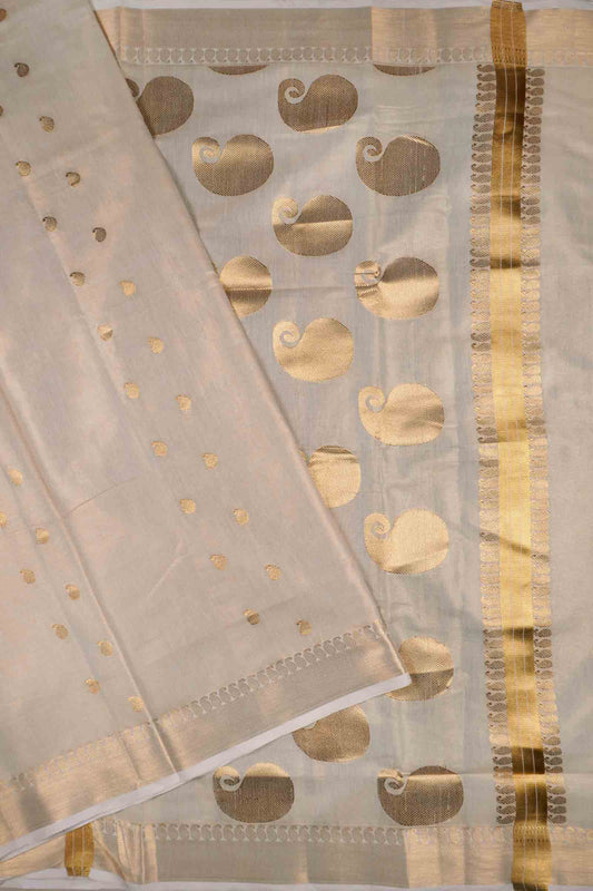 Off White Kerala Tissue Cotton Mango Butta Golden Zari Line Saree