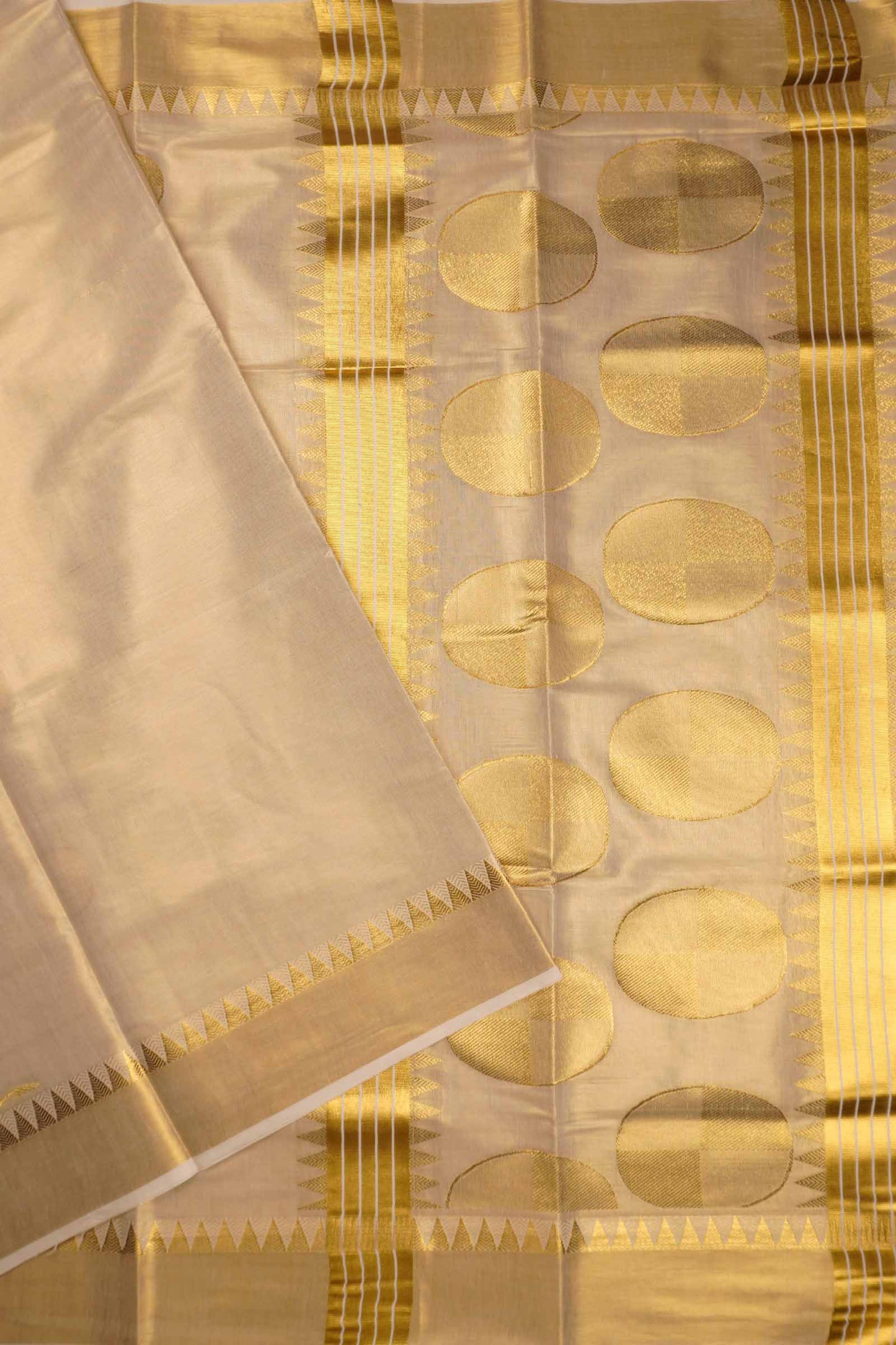 Off White Kerala Tissue Cotton Temple Border Golden Moon Pallu Saree