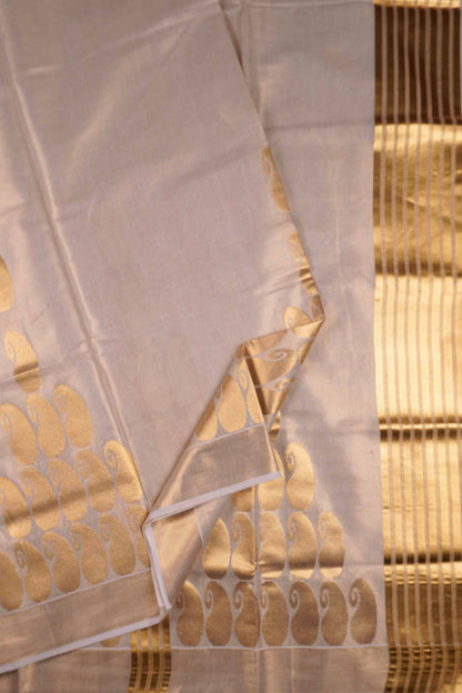 Off White Kerala Tissue Cotton Paisley Tower Butta Saree