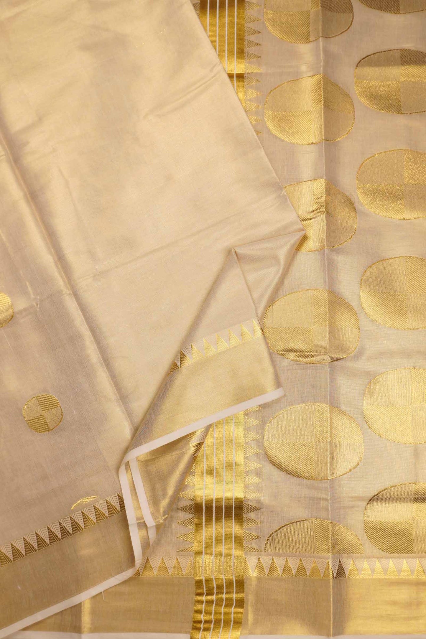 Off White Kerala Tissue Cotton Temple Border Golden Moon Pallu Saree