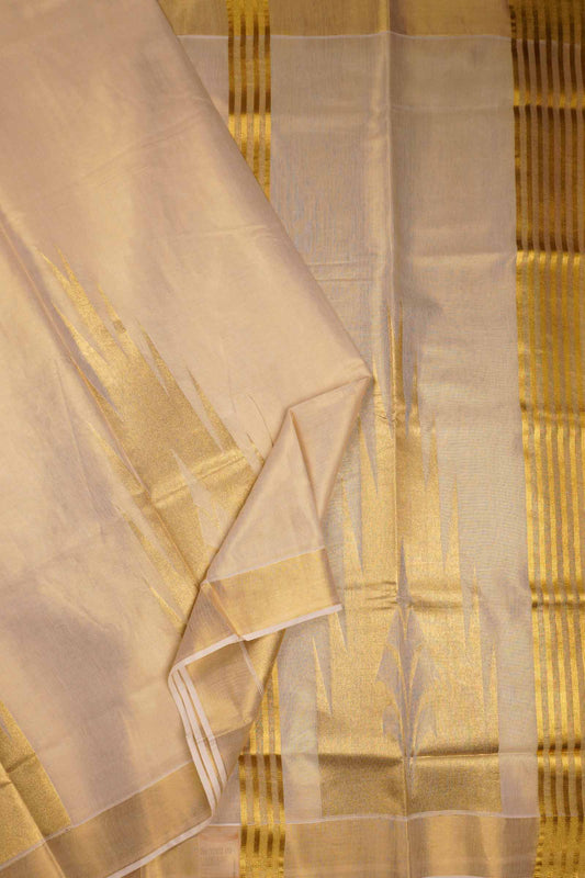 Off White Kerala Tissue Cotton Golden Temple Border Saree