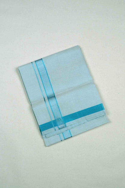 Light Blue Silk Traditional Blue Silver Zari Border Mens Dhoti