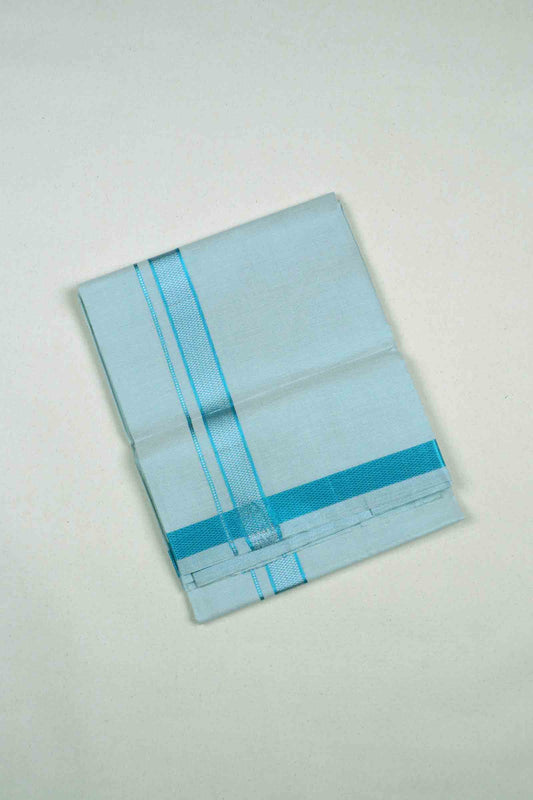 Light Blue Silk Traditional Blue Silver Zari Border Mens Dhoti