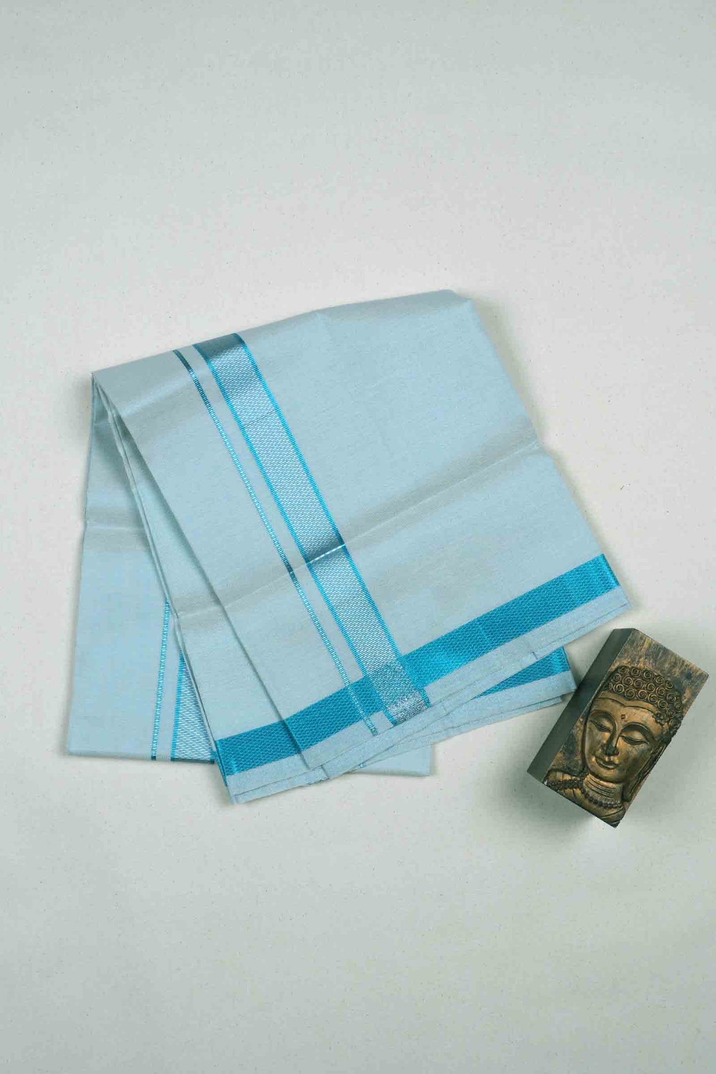 Light Blue Silk Traditional Blue Silver Zari Border Mens Dhoti