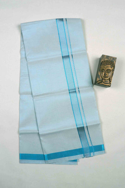 Light Blue Silk Traditional Blue Silver Zari Border Mens Dhoti