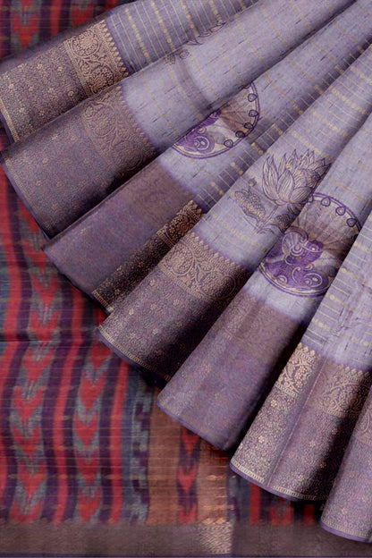 Light Violet Cotton Tropical Forest Print Zari  Border Saree