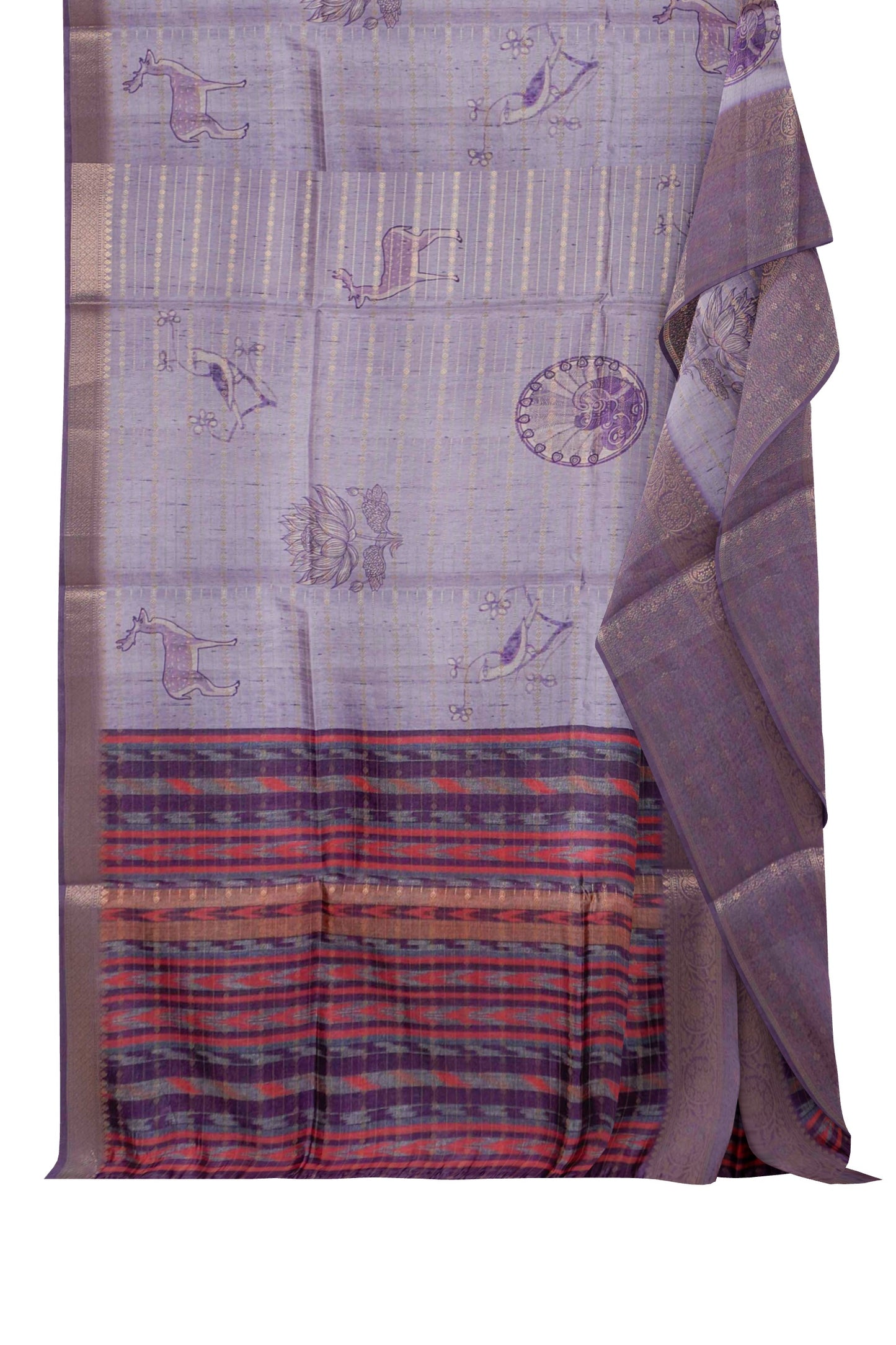 Light Violet Cotton Tropical Forest Print Zari  Border Saree