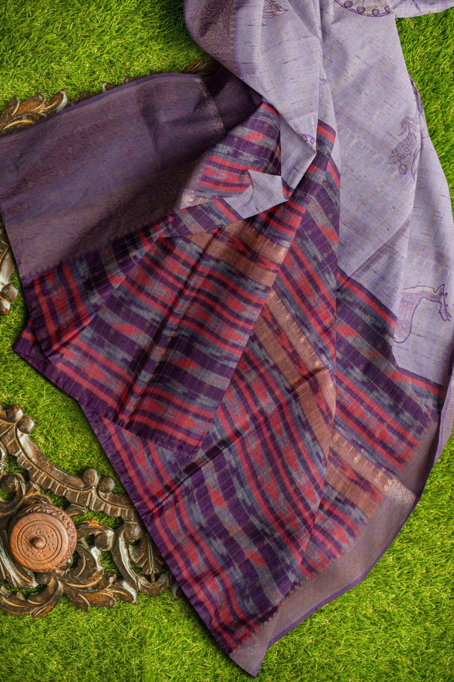 Light Violet Cotton Tropical Forest Print Zari  Border Saree