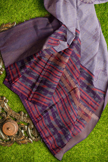 Light Violet Cotton Tropical Forest Print Zari  Border Saree