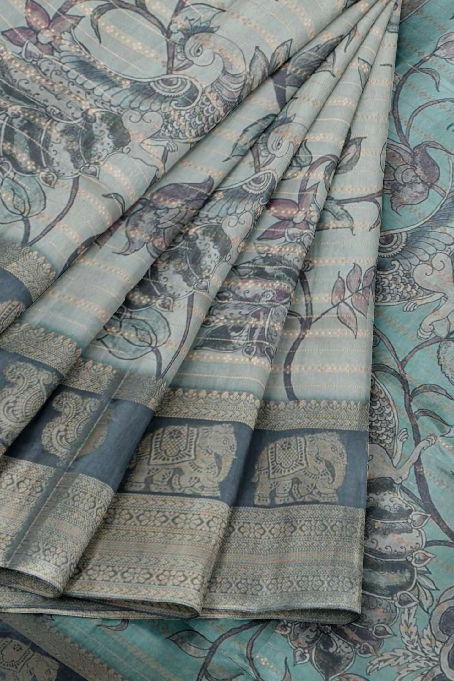 Green Grey Wild Flora Printed Cotton Zari  Border Saree