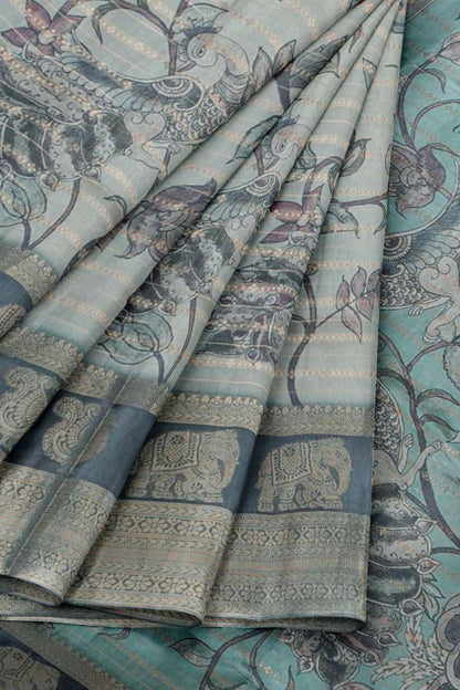 Green Grey Wild Flora Printed Cotton Zari  Border Saree