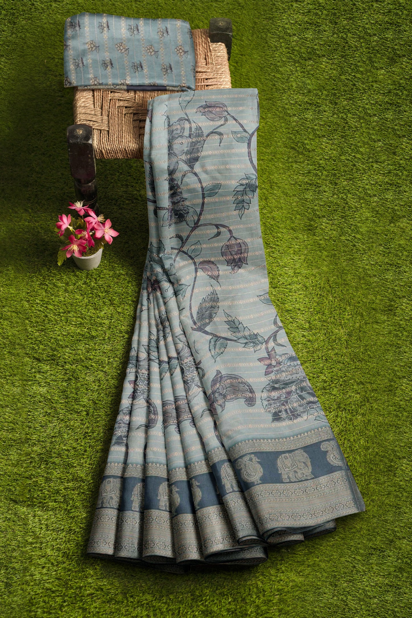 Green Grey Wild Flora Printed Cotton Zari  Border Saree