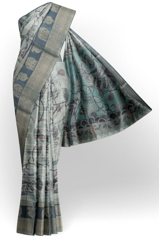 Green Grey Wild Flora Printed Cotton Zari  Border Saree