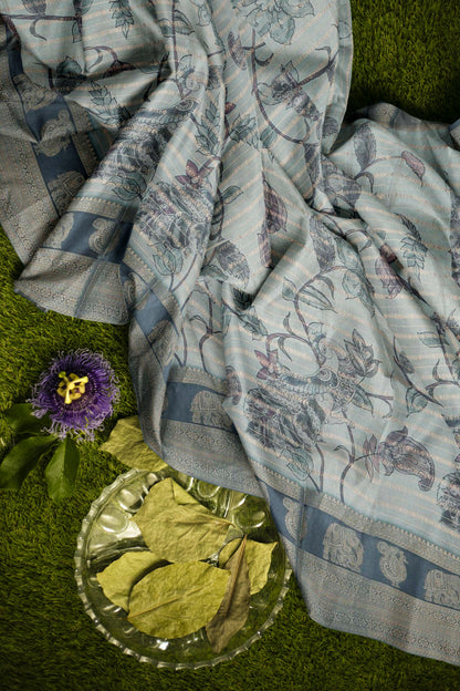 Green Grey Wild Flora Printed Cotton Zari  Border Saree