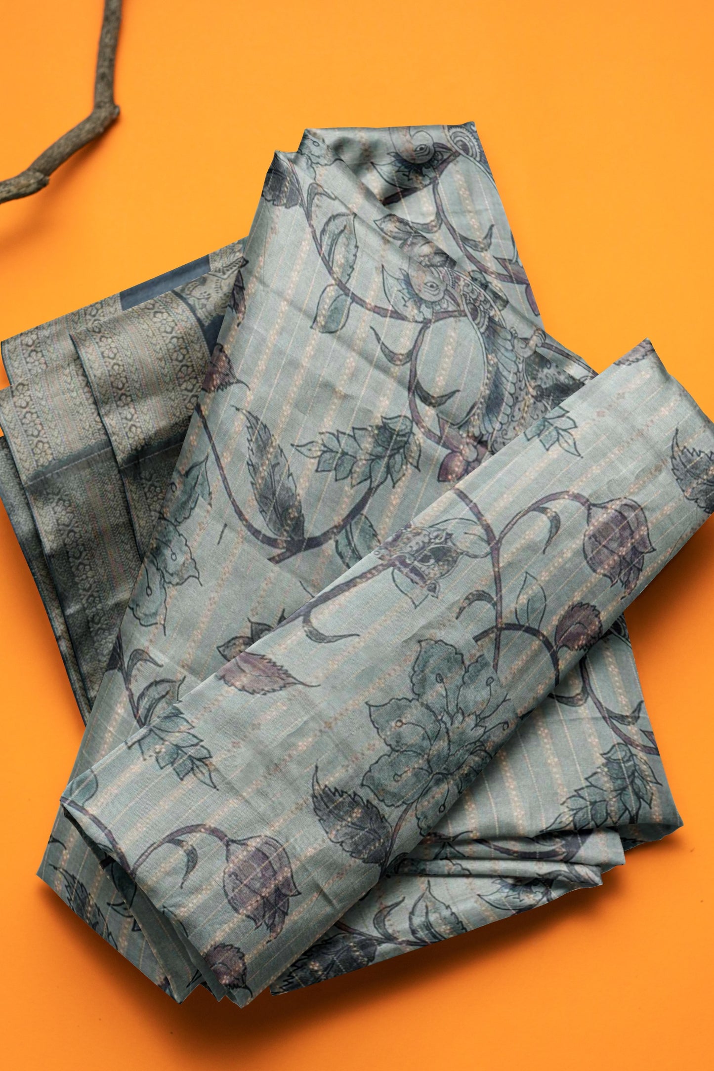 Green Grey Wild Flora Printed Cotton Zari  Border Saree