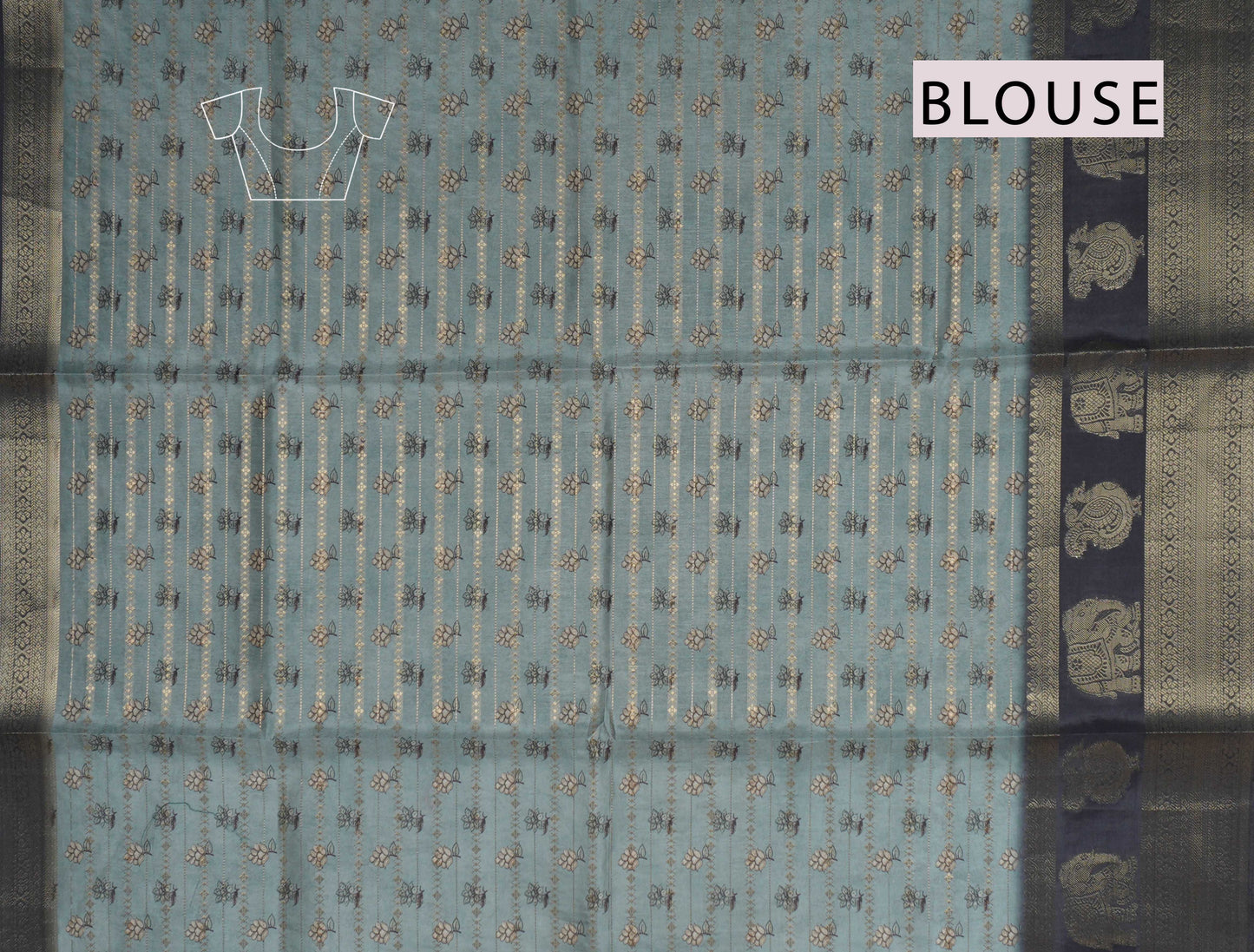 Green Grey Wild Flora Printed Cotton Zari  Border Saree