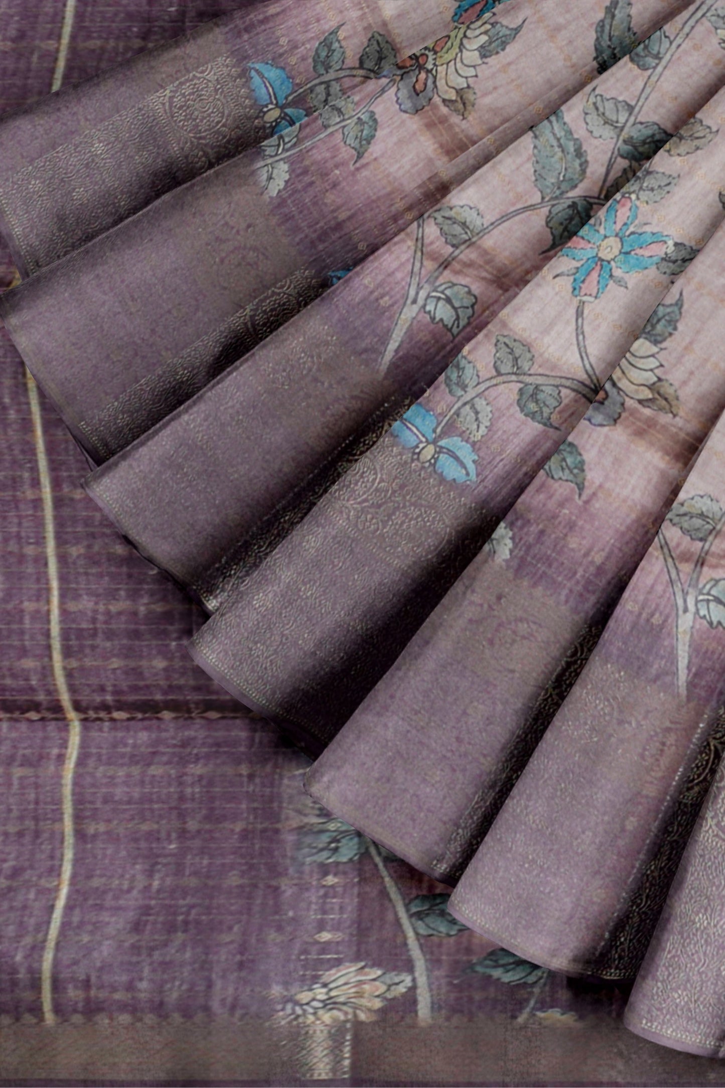 Light Brown Cotton Wild Flora Prints Zari Border Saree