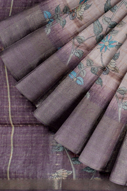 Light Brown Cotton Wild Flora Prints Zari Border Saree