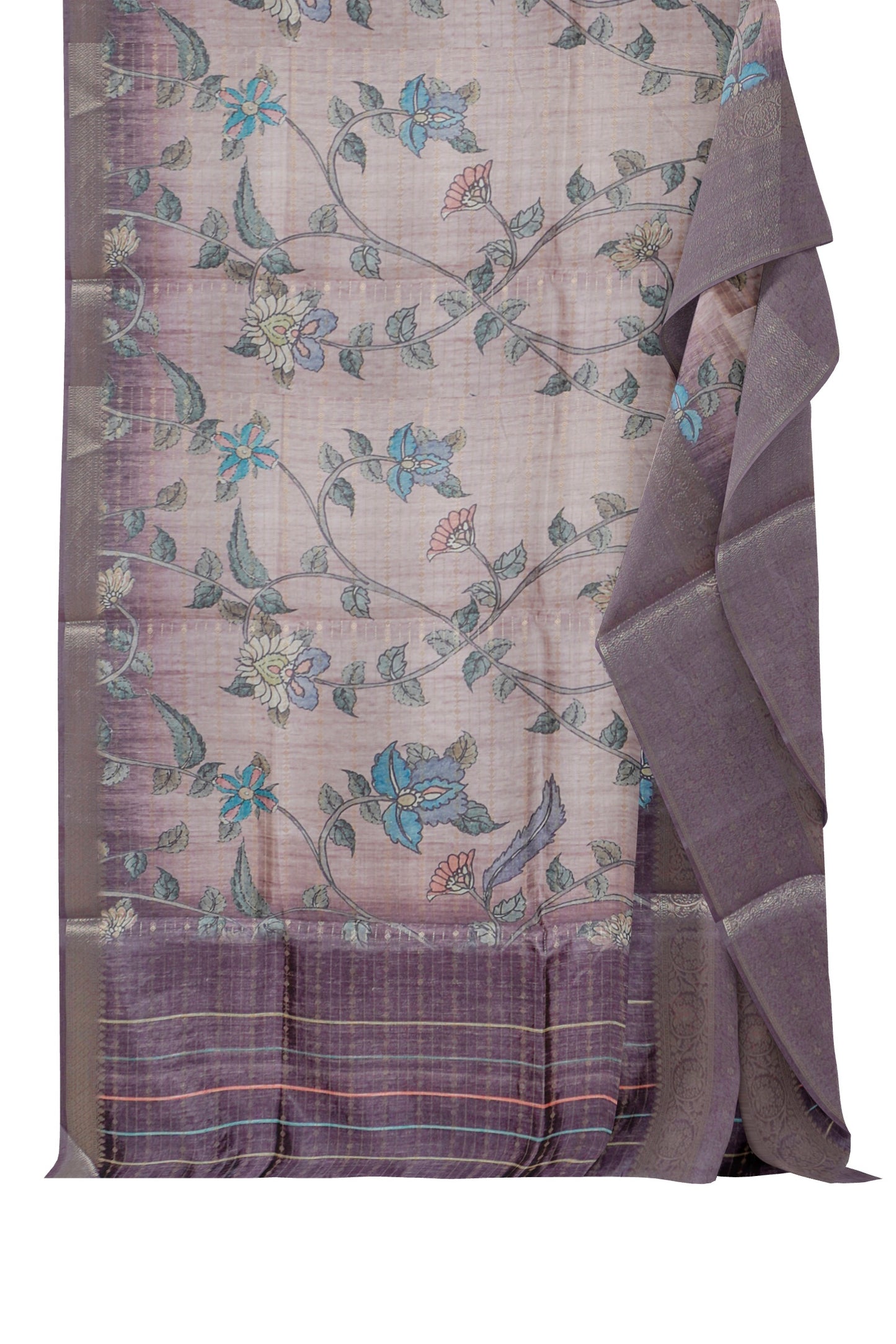 Light Brown Cotton Wild Flora Prints Zari Border Saree