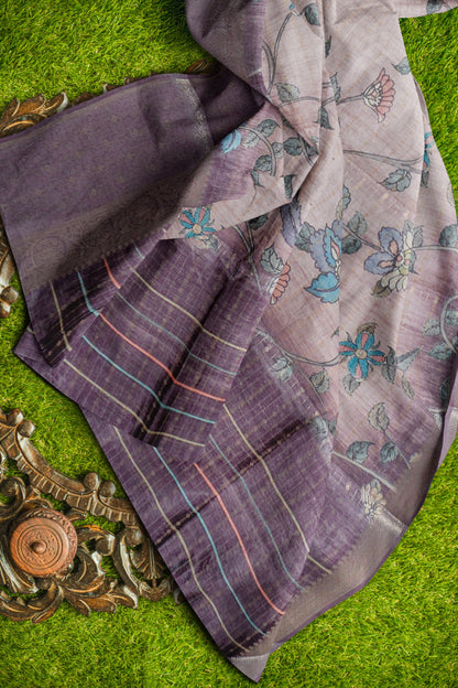 Light Brown Cotton Wild Flora Prints Zari Border Saree